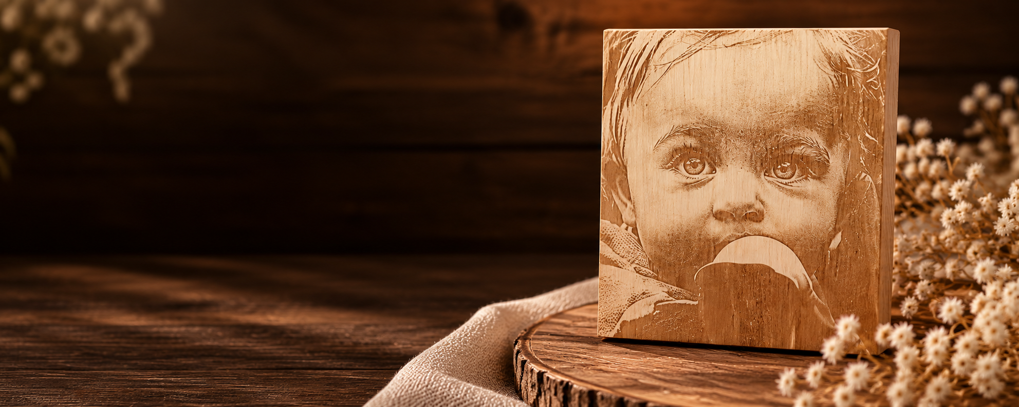 Fotograbado personalizado en madera con fotografía y mensaje especial. Regalo original para cumpleaños, aniversarios y ocasiones especiales.